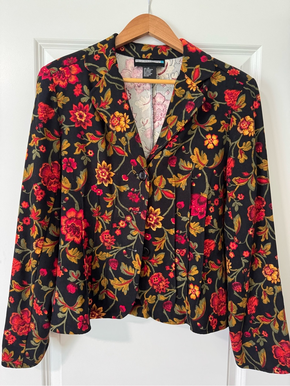 Requirements Black Blazer with Red & Gold Floral Embroidery